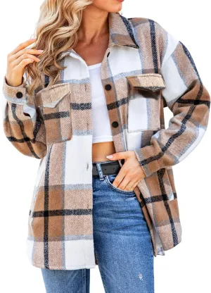 SHEJIZE Women's Casual Shacket Jacket Plaid Shirts Flannel Blouses Button-Down Shirts