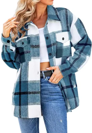 SHEJIZE Women's Casual Shacket Jacket Plaid Shirts Flannel Blouses Button-Down Shirts