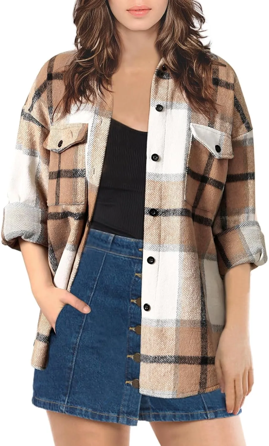 SHEJIZE Women's Casual Shacket Jacket Plaid Shirts Flannel Blouses Button-Down Shirts