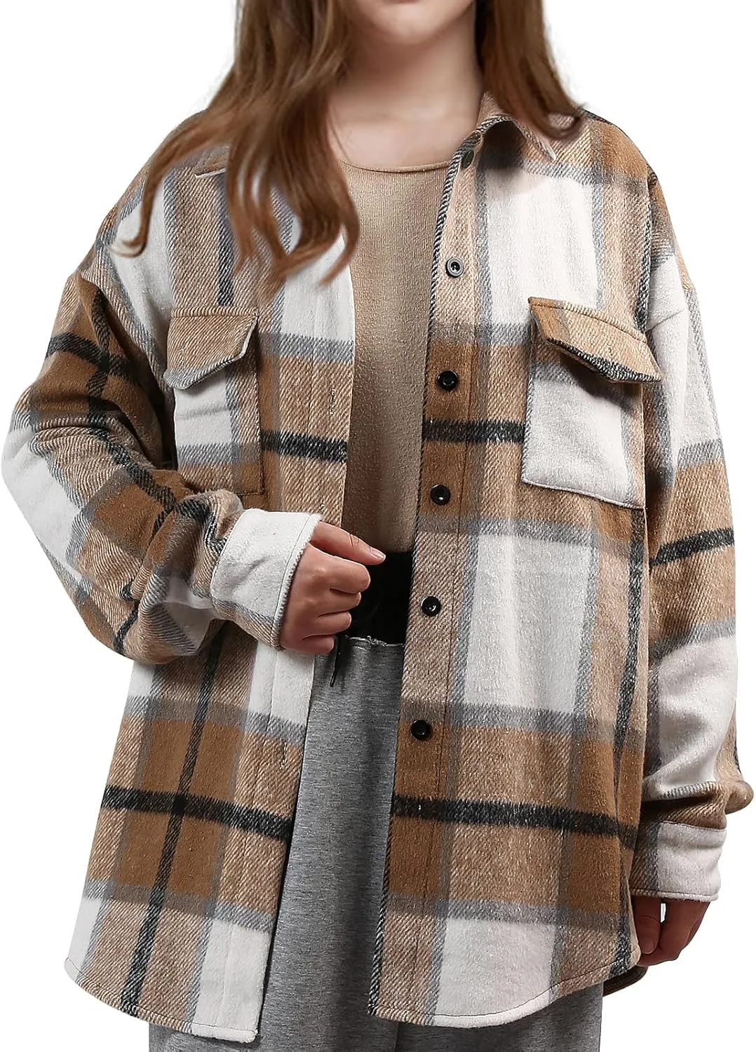 SHEJIZE Women's Casual Shacket Jacket Plaid Shirts Flannel Blouses Button-Down Shirts