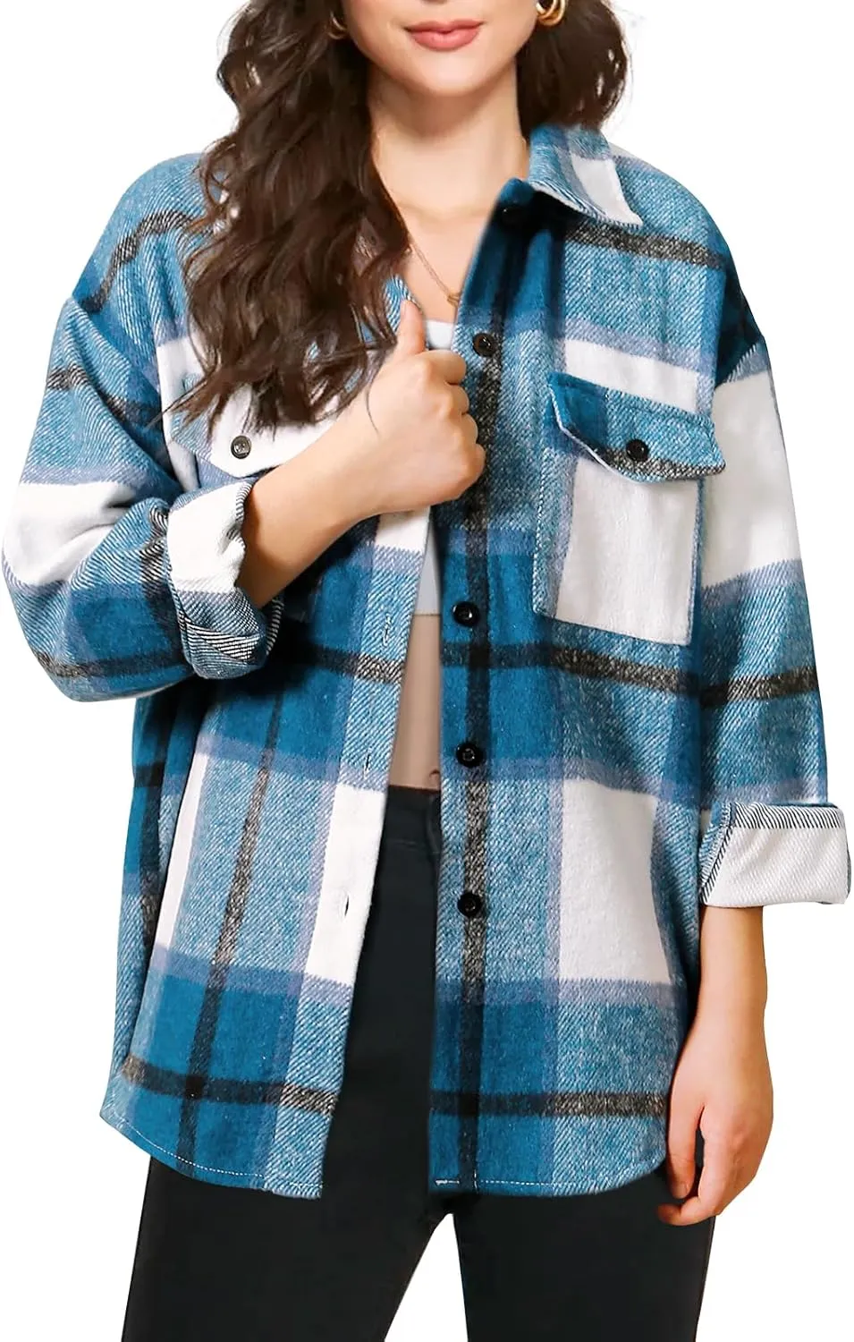 SHEJIZE Women's Casual Shacket Jacket Plaid Shirts Flannel Blouses Button-Down Shirts