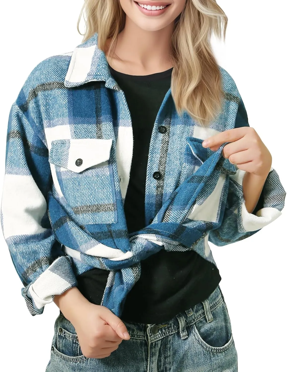 SHEJIZE Women's Casual Shacket Jacket Plaid Shirts Flannel Blouses Button-Down Shirts