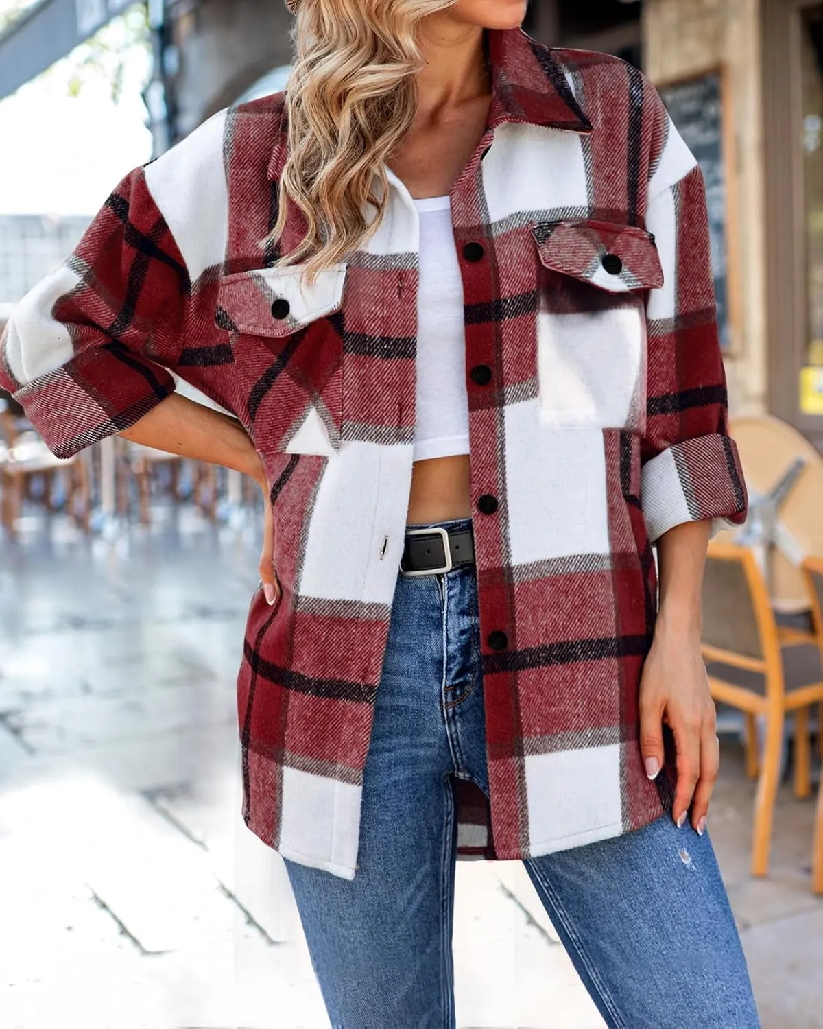 SHEJIZE Women's Casual Shacket Jacket Plaid Shirts Flannel Blouses Button-Down Shirts