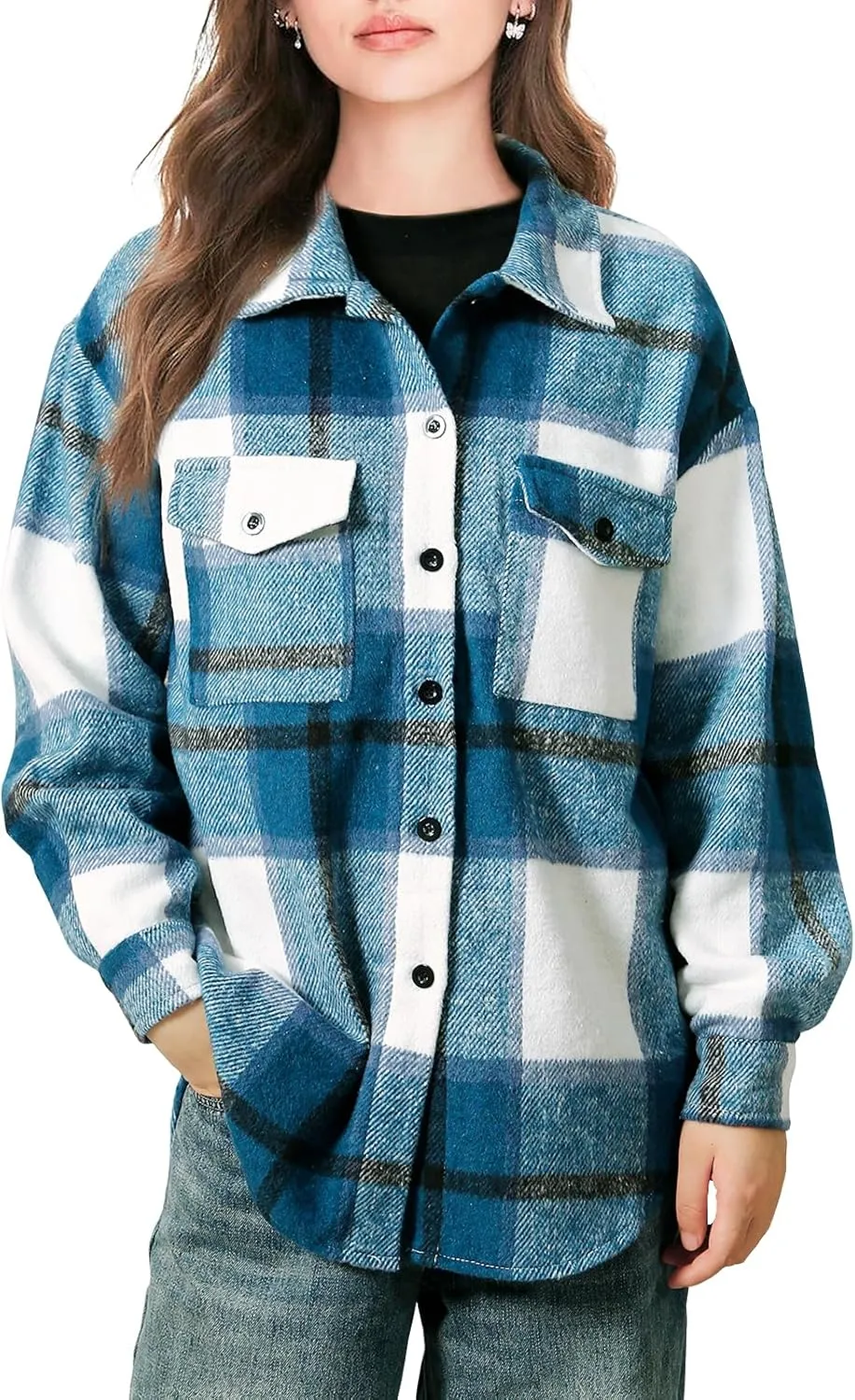 SHEJIZE Women's Casual Shacket Jacket Plaid Shirts Flannel Blouses Button-Down Shirts
