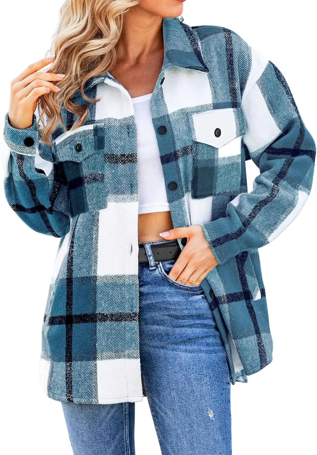 SHEJIZE Women's Casual Shacket Jacket Plaid Shirts Flannel Blouses Button-Down Shirts