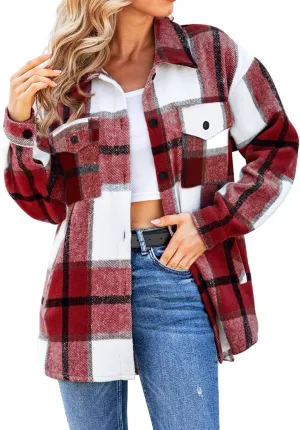 SHEJIZE Women's Casual Shacket Jacket Plaid Shirts Flannel Blouses Button-Down Shirts