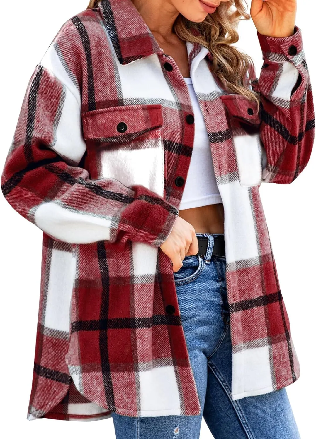 SHEJIZE Women's Casual Shacket Jacket Plaid Shirts Flannel Blouses Button-Down Shirts