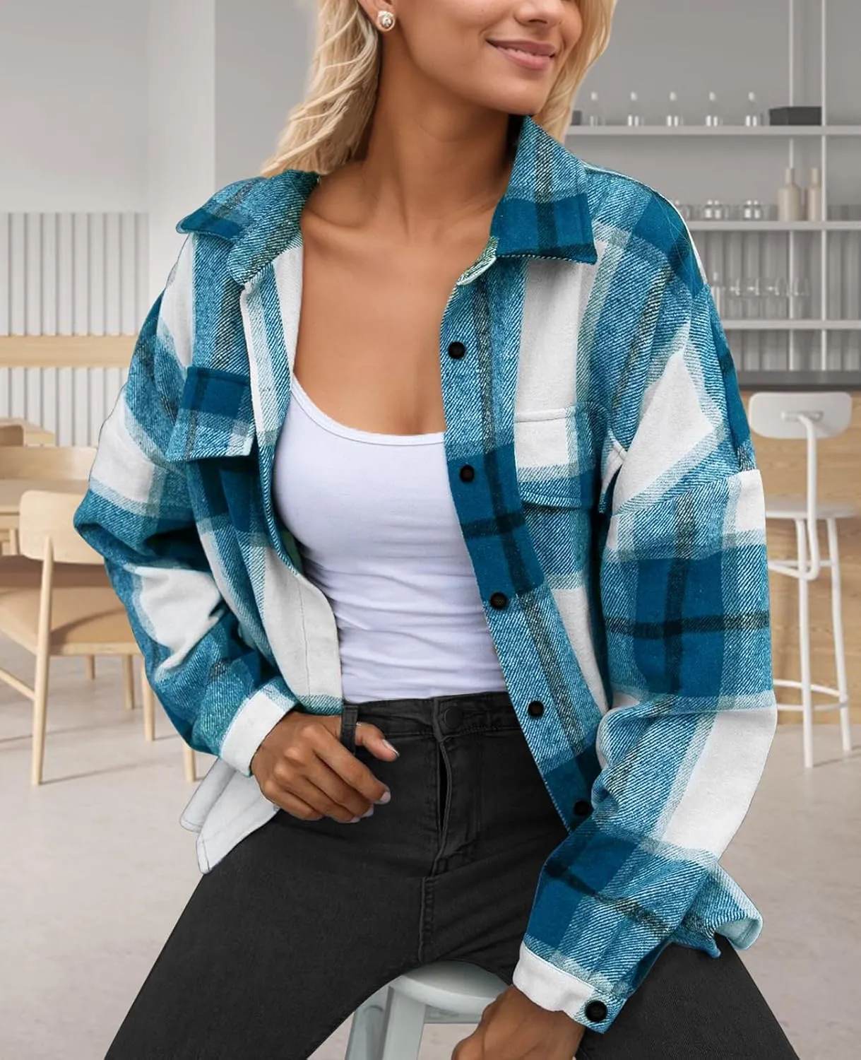 SHEJIZE Women's Casual Shacket Jacket Plaid Shirts Flannel Blouses Button-Down Shirts