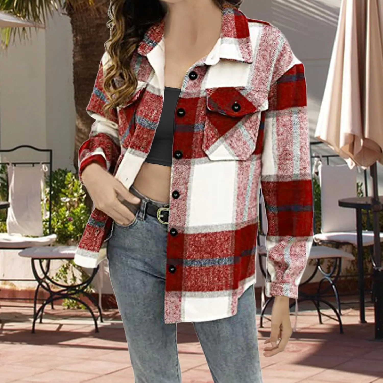 SHEJIZE Women's Casual Shacket Jacket Plaid Shirts Flannel Blouses Button-Down Shirts