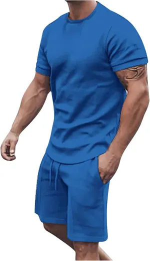 Sinzelimin Sport Casual Set for Men Two Piece Tracksuit O-Neck Short Sleeves Tees Shirts Shorts Sweatpant Jogger Workout Suit