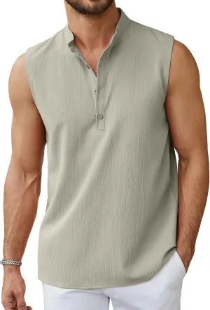 Sleeveless Beach Shirts for Men Summer Casual Tank Top Button Down Henley T-Shirts