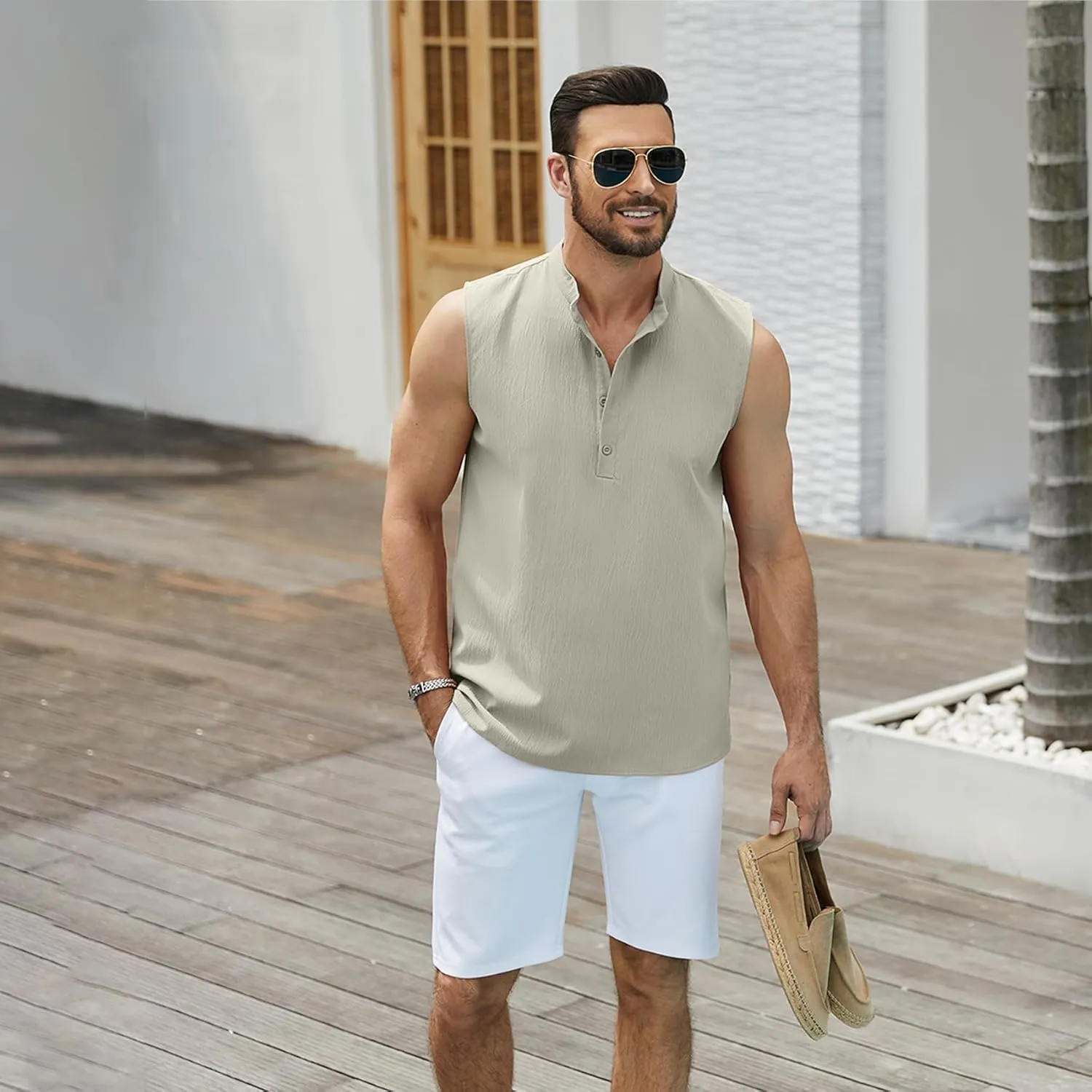 Sleeveless Beach Shirts for Men Summer Casual Tank Top Button Down Henley T-Shirts