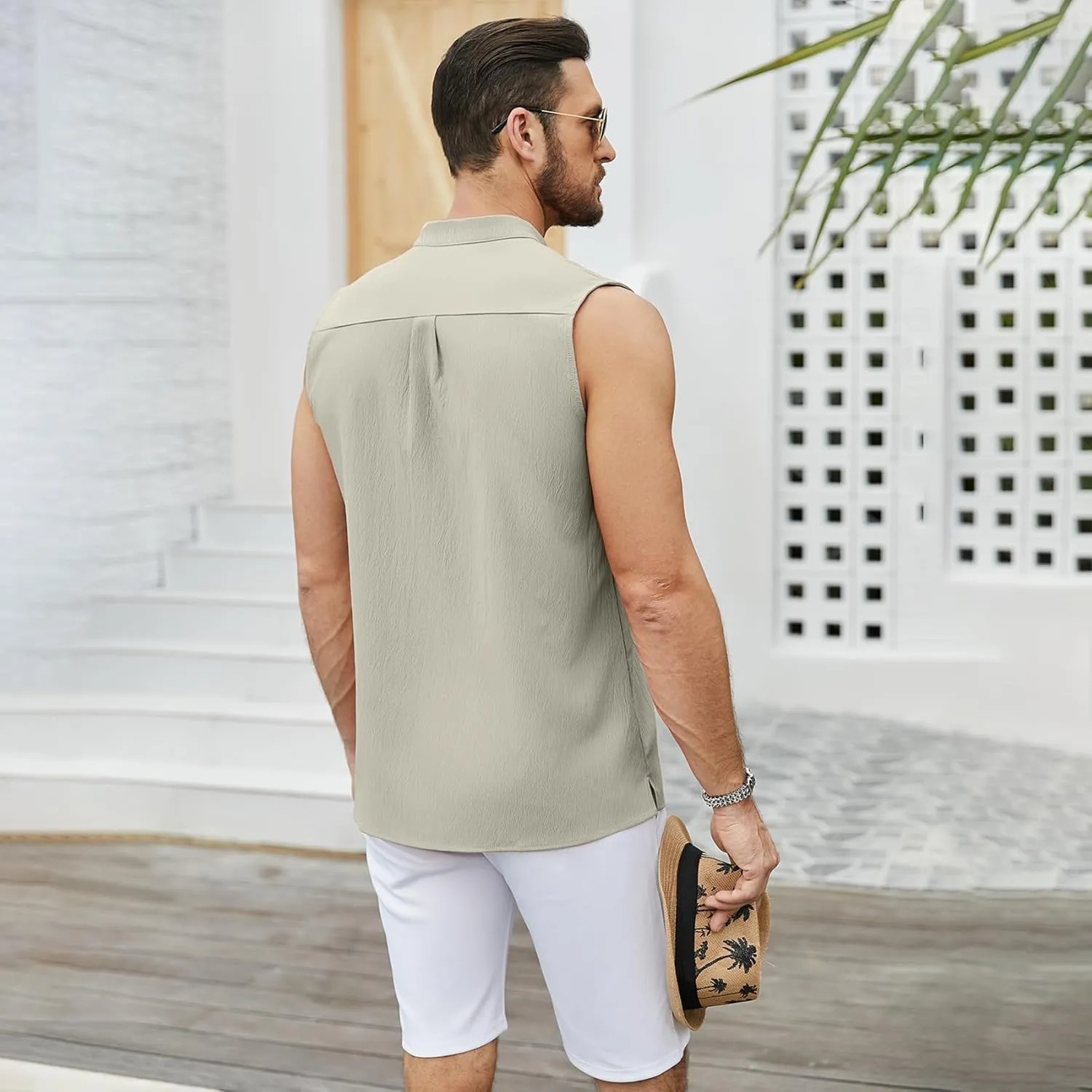 Sleeveless Beach Shirts for Men Summer Casual Tank Top Button Down Henley T-Shirts