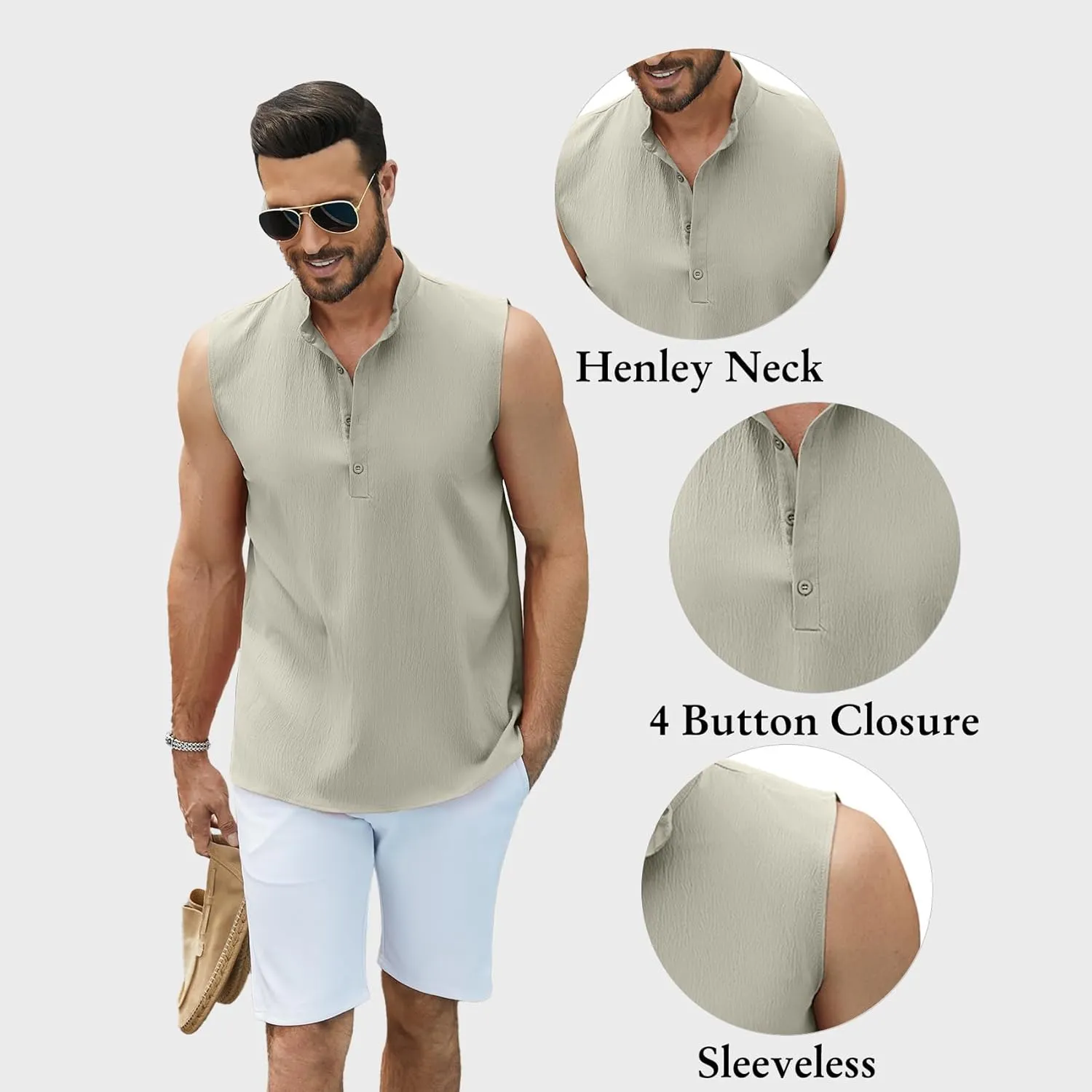 Sleeveless Beach Shirts for Men Summer Casual Tank Top Button Down Henley T-Shirts