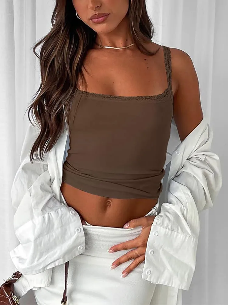 Sleeveless Camisole Tank Tops for Women Y2K Spaghetti Strap Lace Trim Slim Fit Basic Cami Shirts