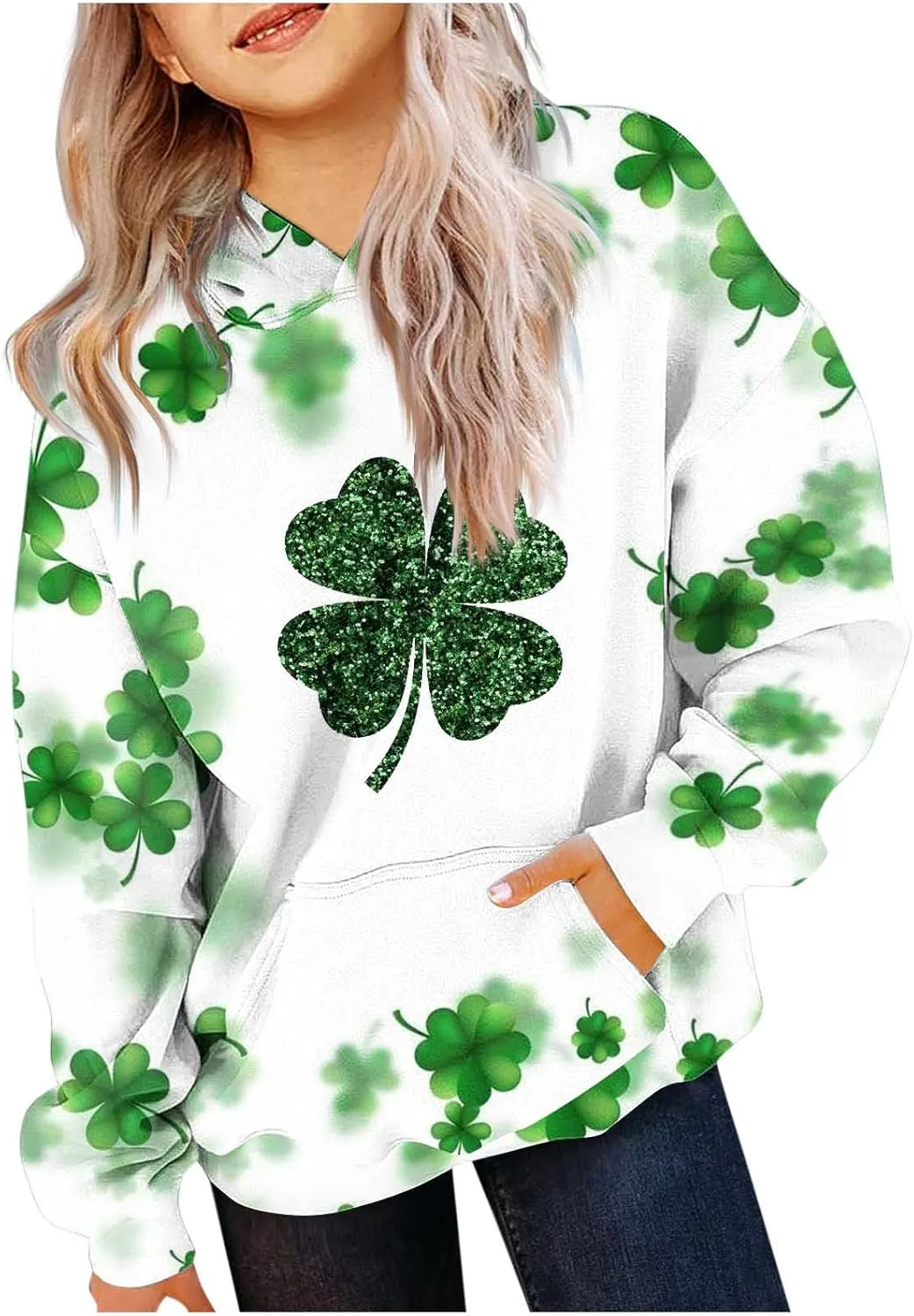 St Patrick's Day Outfit Girl Oversized Saint Pattys Hoodies Casual Shamrock Clover Print Hooded Pullover Tops