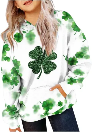 St Patrick's Day Outfit Girl Oversized Saint Pattys Hoodies Casual Shamrock Clover Print Hooded Pullover Tops