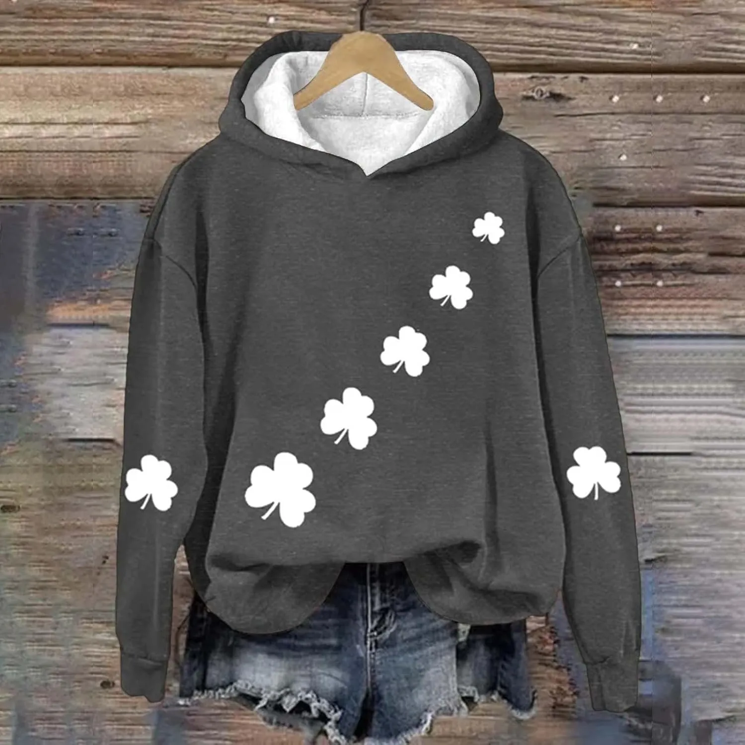St Patrick's Day Womens Hoodie, Green Irish Shamrock Printed Sweatshirt, Clover Lucky Long Sleeve Oversized Shirts Tops
