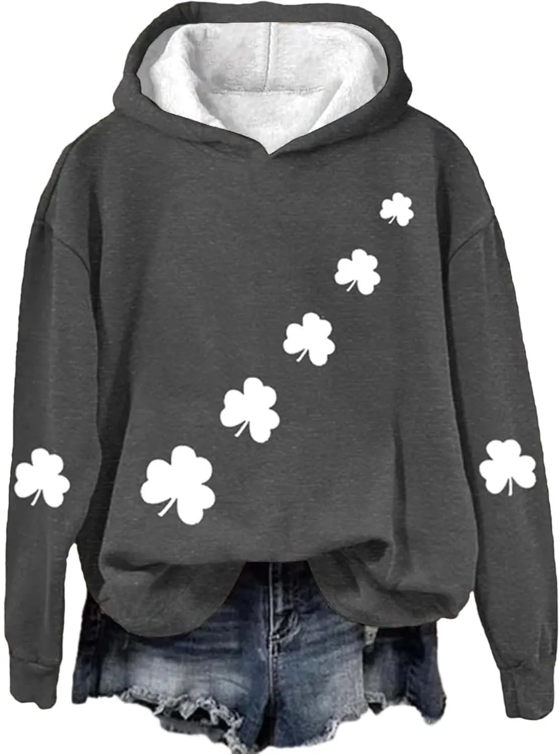 St Patrick's Day Womens Hoodie, Green Irish Shamrock Printed Sweatshirt, Clover Lucky Long Sleeve Oversized Shirts Tops