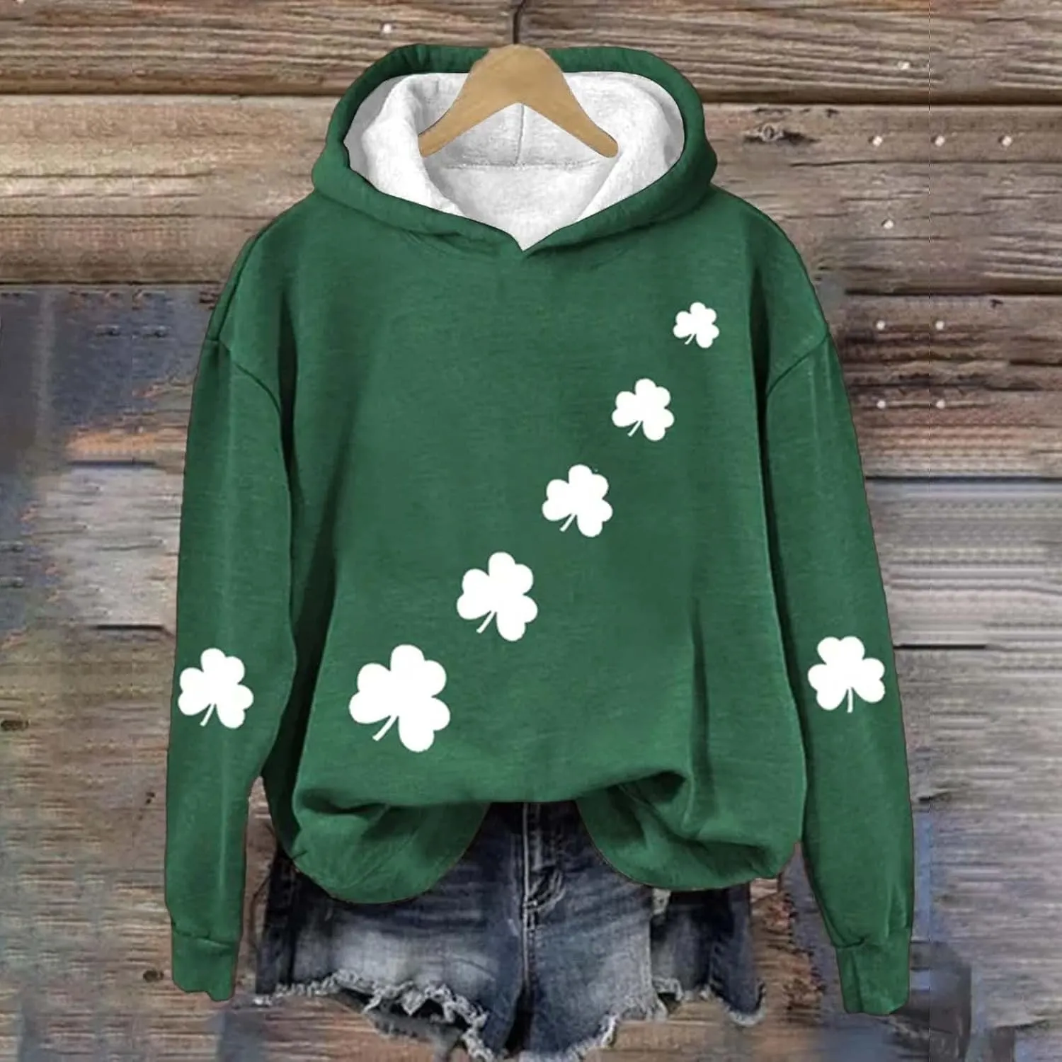 St Patrick's Day Womens Hoodie, Green Irish Shamrock Printed Sweatshirt, Clover Lucky Long Sleeve Oversized Shirts Tops