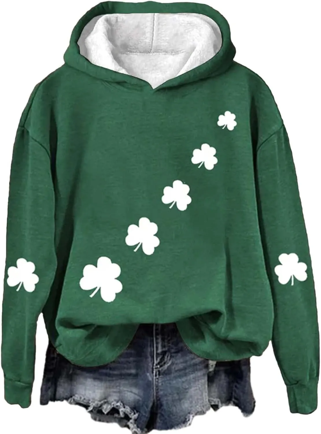 St Patrick's Day Womens Hoodie, Green Irish Shamrock Printed Sweatshirt, Clover Lucky Long Sleeve Oversized Shirts Tops