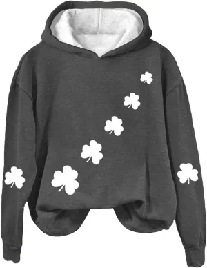 St Patrick's Day Womens Hoodie, Green Irish Shamrock Printed Sweatshirt, Clover Lucky Long Sleeve Oversized Shirts Tops