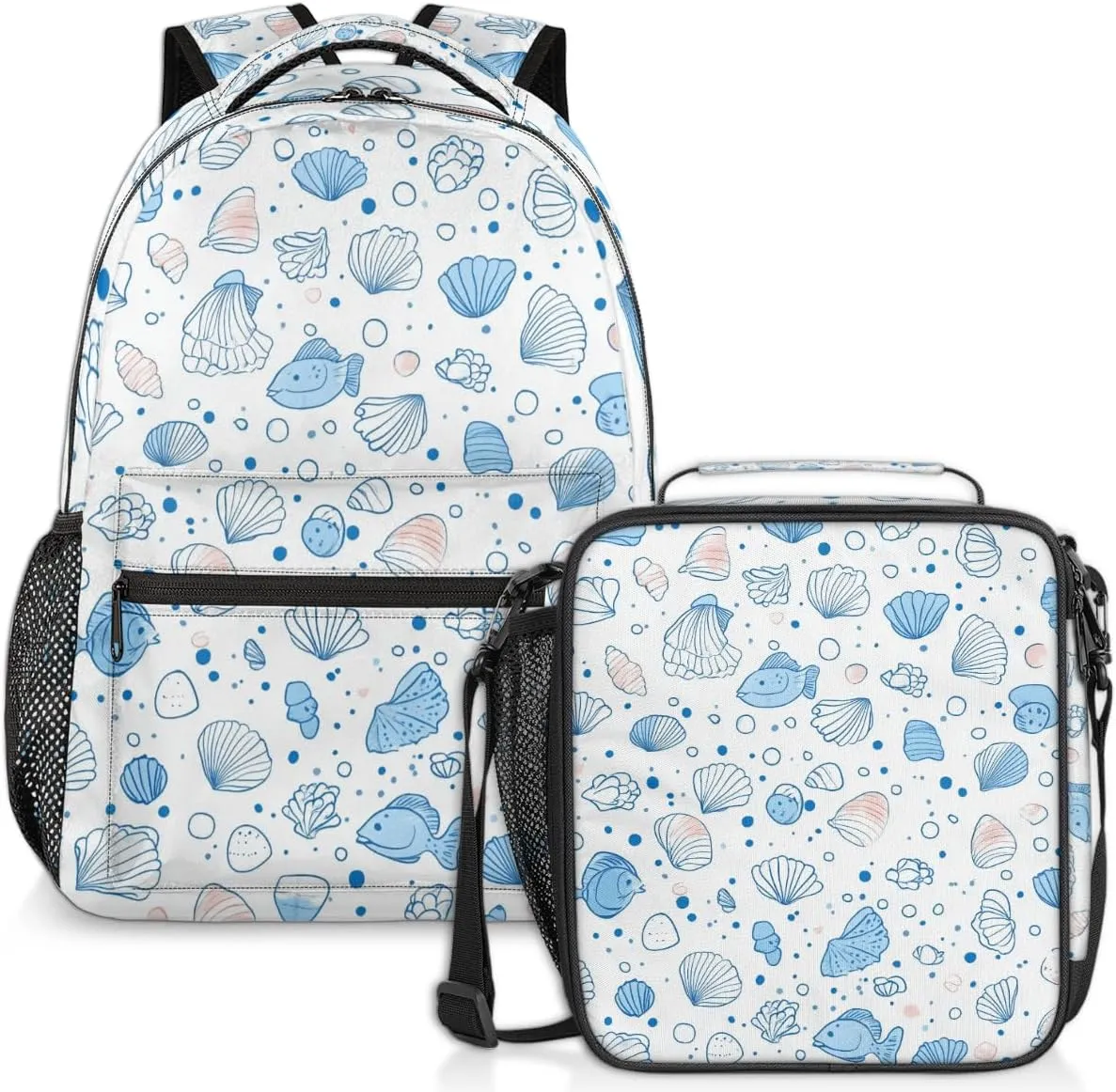 Starfish Conch Lunch Backpack Seashell Fish Laptop Backpacks Set with Insulated Cooler Lunch Box Leak Proof Lunch Bag for Women Men Work Camping Travel Daypack