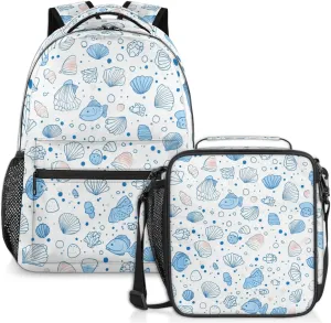 Starfish Conch Lunch Backpack Seashell Fish Laptop Backpacks Set with Insulated Cooler Lunch Box Leak Proof Lunch Bag for Women Men Work Camping Travel Daypack