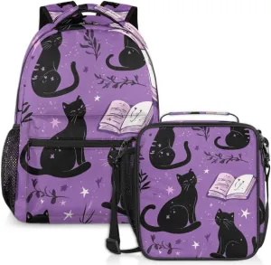 Stars Cats Lunch Backpack Leaves Purple Laptop Backpacks Set with Insulated Cooler Lunch Box Leak Proof Lunch Bag for Women Men Work Camping Travel Daypack