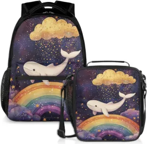 Stars Whale Lunch Backpack Clouds Rainbow Laptop Backpacks Set with Insulated Cooler Lunch Box Leak Proof Lunch Bag for Women Men Work Camping Travel Daypack