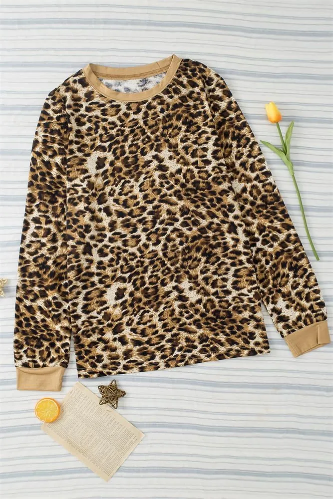 Sulozom Womens Long Sleeve Shirts Crewneck Leopard Printed Tops for Women Casual Dressy Blouses Tee Basic Tops