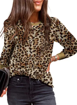 Sulozom Womens Long Sleeve Shirts Crewneck Leopard Printed Tops for Women Casual Dressy Blouses Tee Basic Tops
