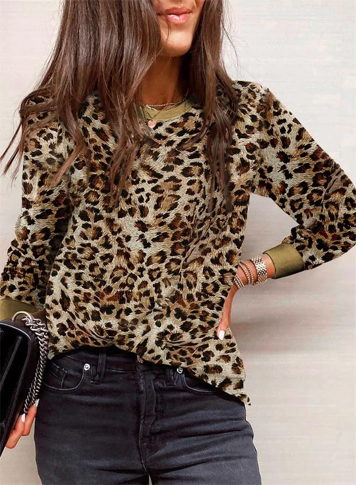Sulozom Womens Long Sleeve Shirts Crewneck Leopard Printed Tops for Women Casual Dressy Blouses Tee Basic Tops