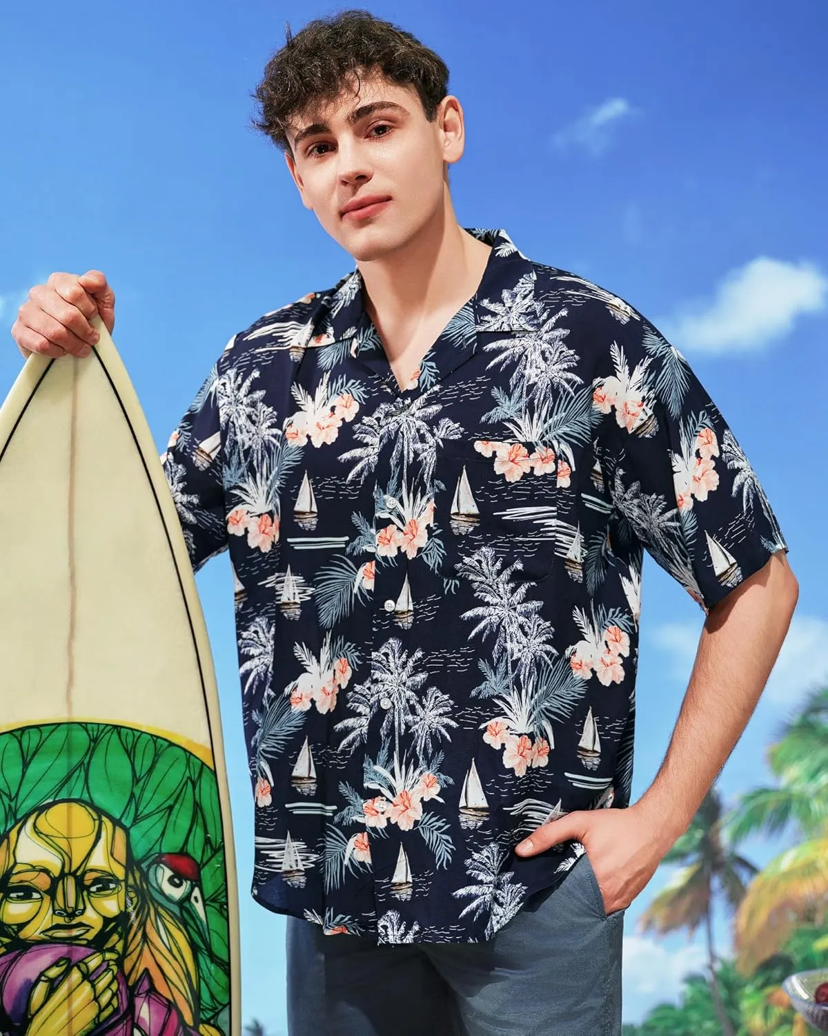 SURF CUZ Mens Hawaiian Shirts Short Sleeve Stretch Casual Aloha Shirt Vacation Mens Tropical Button Down Beach Shirts