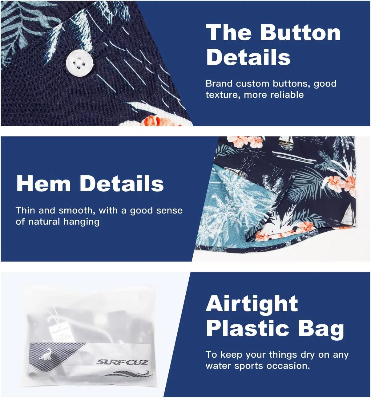 SURF CUZ Mens Hawaiian Shirts Short Sleeve Stretch Casual Aloha Shirt Vacation Mens Tropical Button Down Beach Shirts