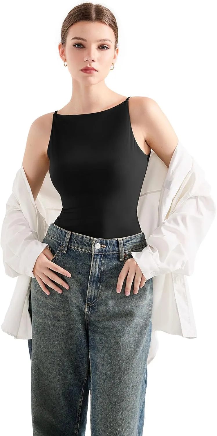 SUUKSESS Women Double Lined Boat Neck Tank Tops 2025 Y2K Going Out Basic Cami Shirts