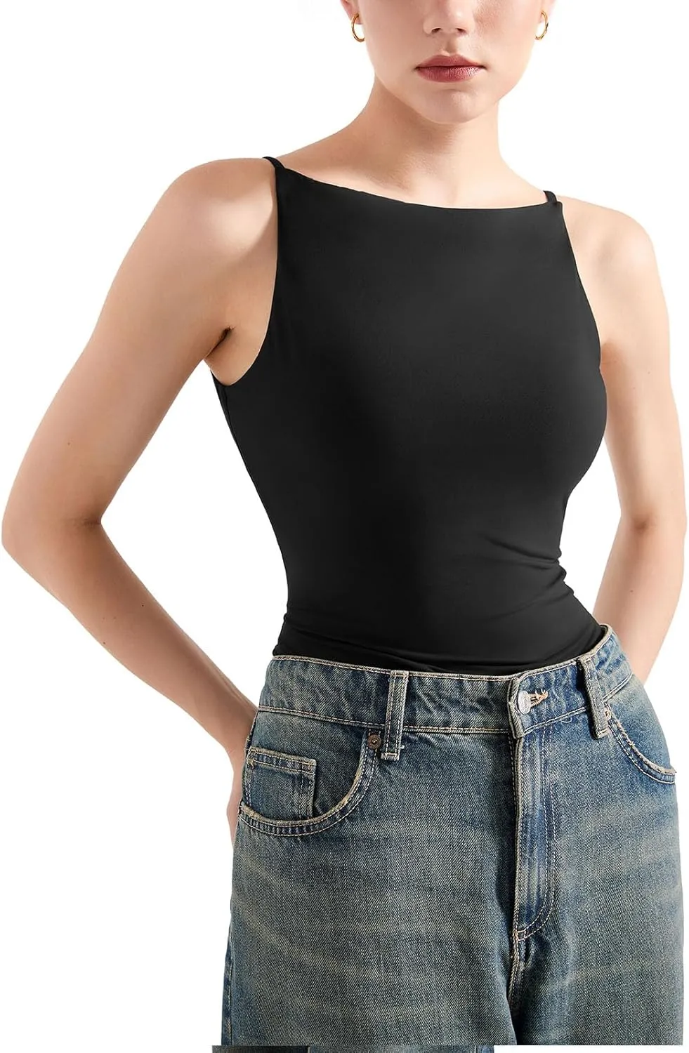 SUUKSESS Women Double Lined Boat Neck Tank Tops 2025 Y2K Going Out Basic Cami Shirts