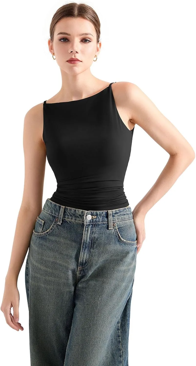 SUUKSESS Women Double Lined Boat Neck Tank Tops 2025 Y2K Going Out Basic Cami Shirts
