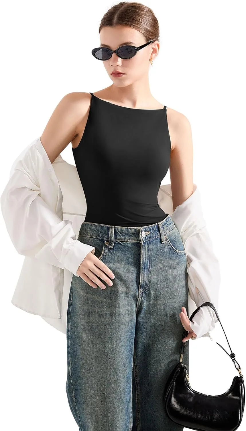 SUUKSESS Women Double Lined Boat Neck Tank Tops 2025 Y2K Going Out Basic Cami Shirts