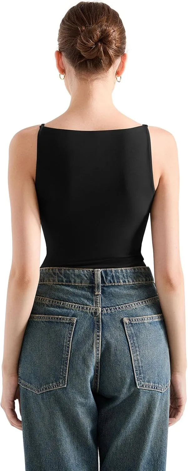 SUUKSESS Women Double Lined Boat Neck Tank Tops 2025 Y2K Going Out Basic Cami Shirts