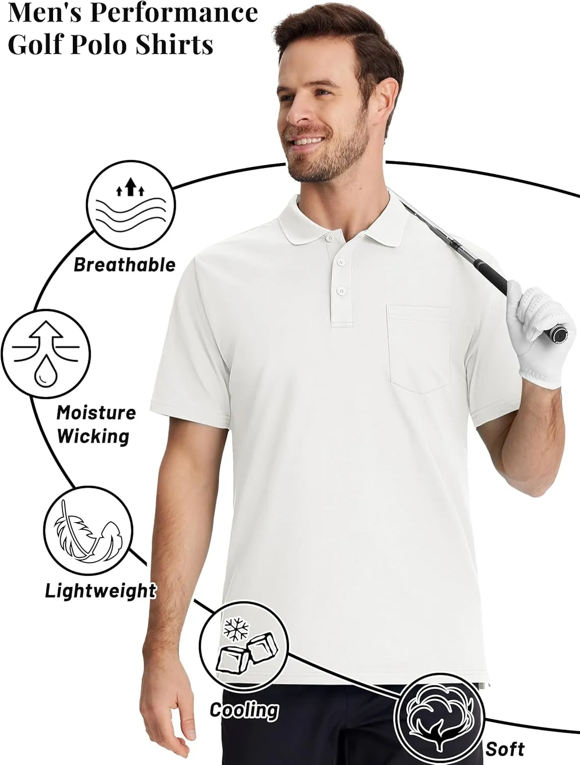 TACVASEN Mens Polo Golf Shirts with Pocket Pique Cooling Performance Moisture Wicking Polo Shirts