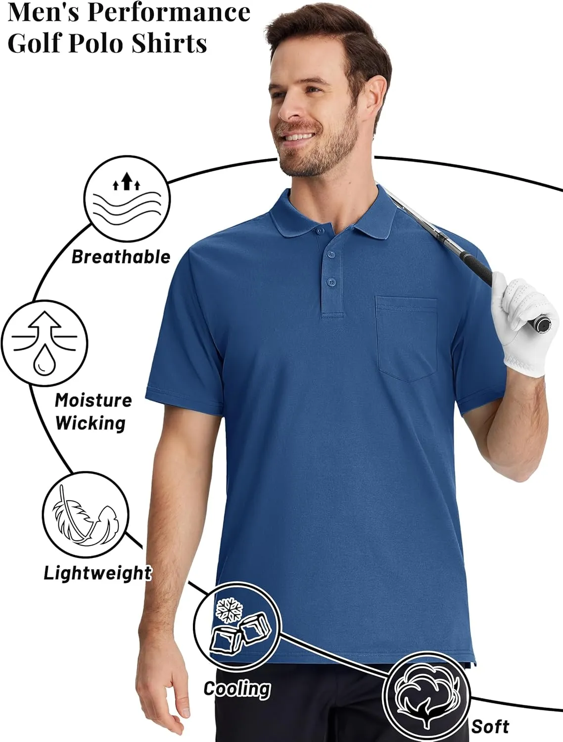 TACVASEN Mens Polo Golf Shirts with Pocket Pique Cooling Performance Moisture Wicking Polo Shirts