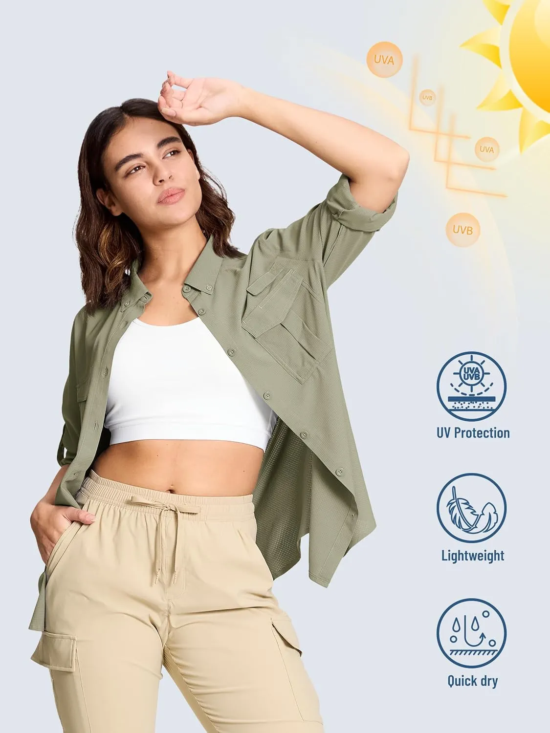 TACVASEN Women's Long Sleeve UV Sun Protection Safari Shirts Lightweight Quick Dry Hiking Fishing Button Down Shirts