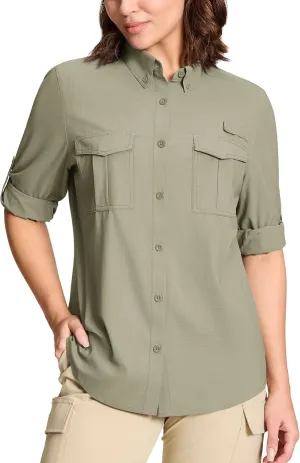 TACVASEN Women's Long Sleeve UV Sun Protection Safari Shirts Lightweight Quick Dry Hiking Fishing Button Down Shirts