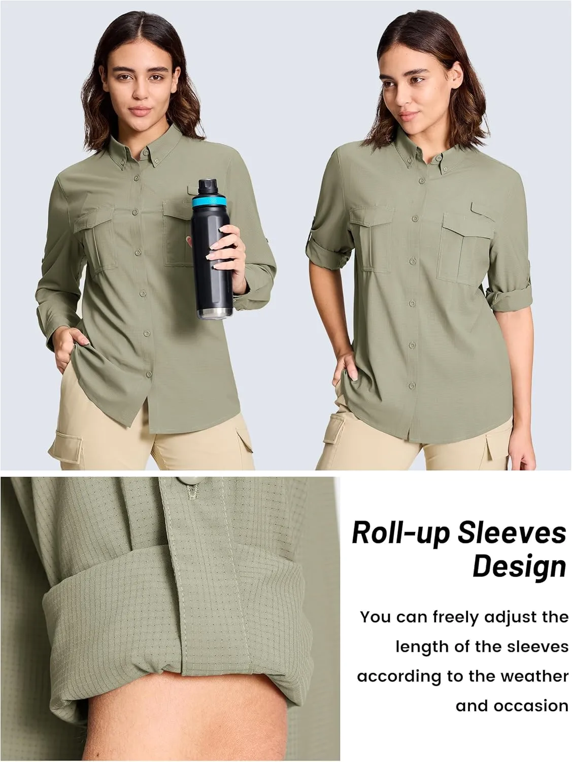 TACVASEN Women's Long Sleeve UV Sun Protection Safari Shirts Lightweight Quick Dry Hiking Fishing Button Down Shirts