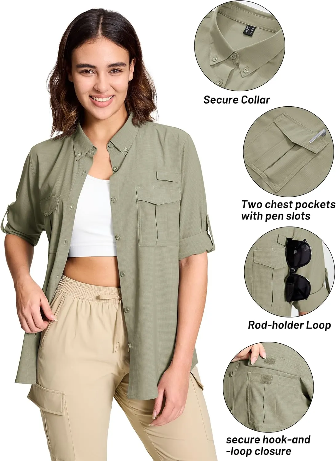 TACVASEN Women's Long Sleeve UV Sun Protection Safari Shirts Lightweight Quick Dry Hiking Fishing Button Down Shirts