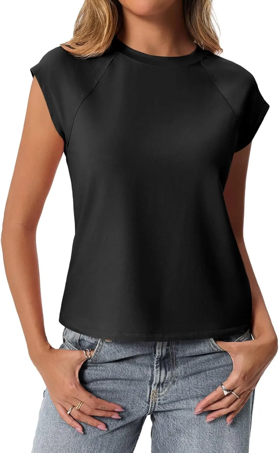 Tankaneo Womens Cap Sleeve Tank Tops Summer Casual Crew Neck Cotton T-Shirts Loose Fit Basic Tee Shirts