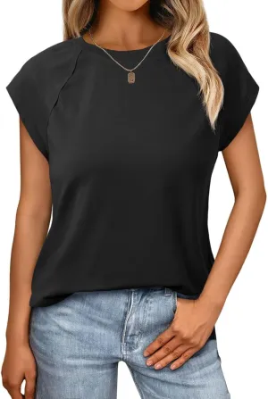 Tankaneo Womens Cap Sleeve Tank Tops Summer Casual Crew Neck Cotton T-Shirts Loose Fit Basic Tee Shirts