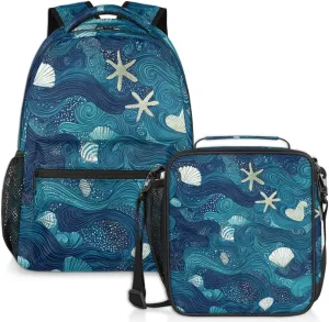 Teal Conch Starfish Lunch Backpack Sea Shell Laptop Backpacks Set with Insulated Cooler Lunch Box Leak Proof Lunch Bag for Women Men Work Camping Travel Daypack