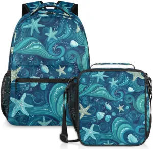 Teal Starfish Conch Lunch Backpack Sea Shell Laptop Backpacks Set with Insulated Cooler Lunch Box Leak Proof Lunch Bag for Women Men Work Camping Travel Daypack